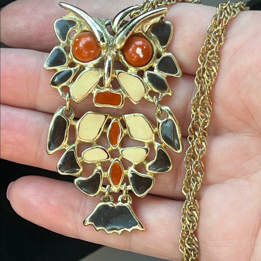Gold-Tone Owl Pendant Necklace with Coral and Cream Enamel